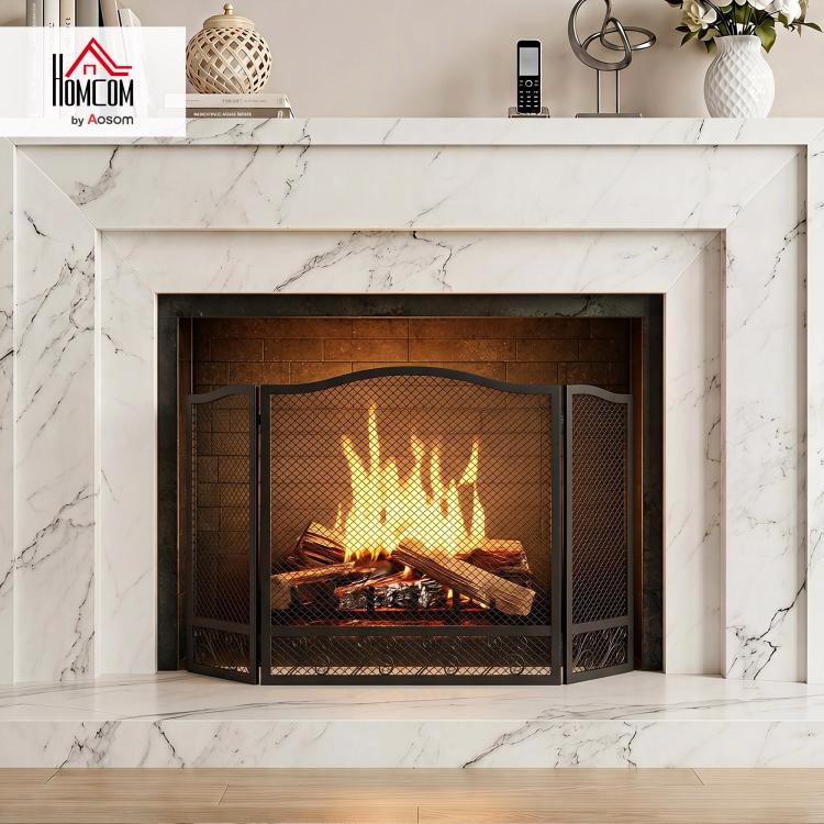 3-Panel Folding Fireplace Screen, 107x60 cm, Black