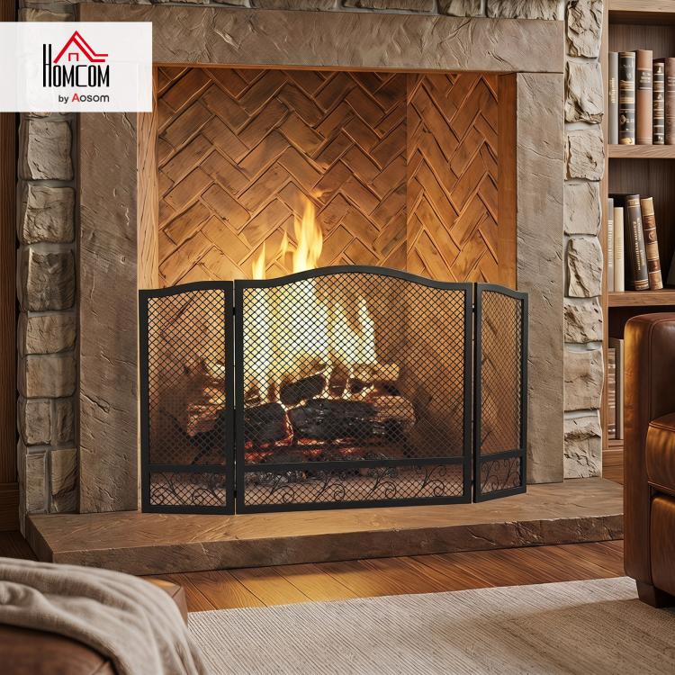 3-Panel Folding Fireplace Screen, 107x60 cm, Black