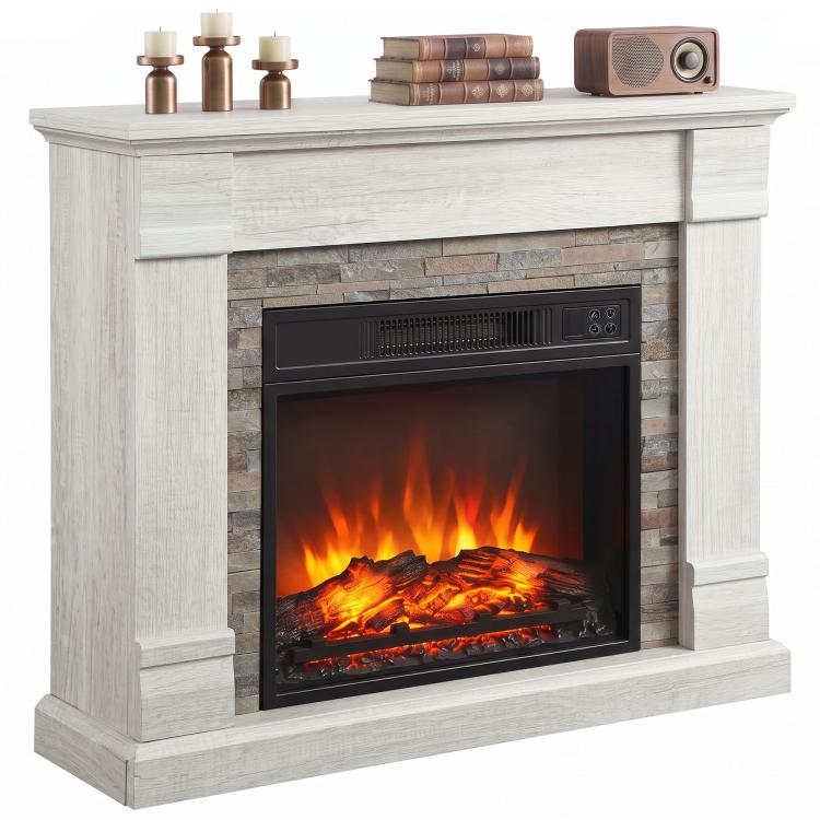 1800W Decorative Electric Fireplace with Flame Effect (3 Brightness Levels), Thermostat, Timer, and Remote Control – Natural Style
