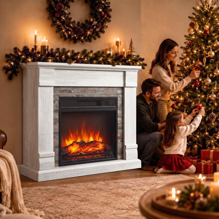 1800W Decorative Electric Fireplace with Flame Effect (3 Brightness Levels), Thermostat, Timer, and Remote Control – Natural Style