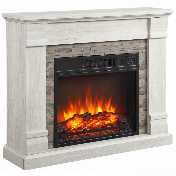 1800W Decorative Electric Fireplace with Flame Effect (3 Brightness Levels), Thermostat, Timer, and Remote Control – Natural Style