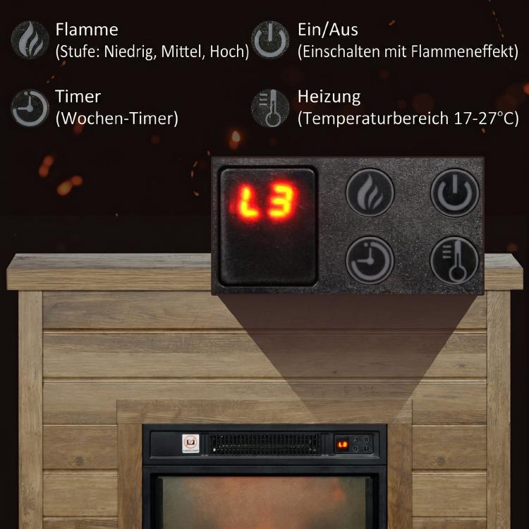 Electric fireplace, 3D flame effect, 3 settings, timer, remote control, natural wood