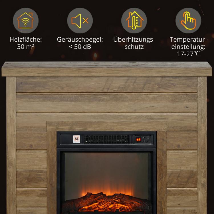 Electric fireplace, 3D flame effect, 3 settings, timer, remote control, natural wood