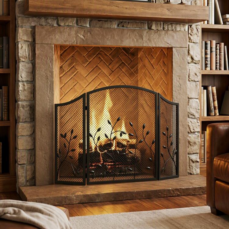 3-Panel Folding Fireplace Screen 122 x 1 x 75 cm Black