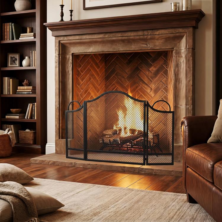 Floral 3-Panel Folding Fireplace Screen 122 x 1 x 74 cm Black
