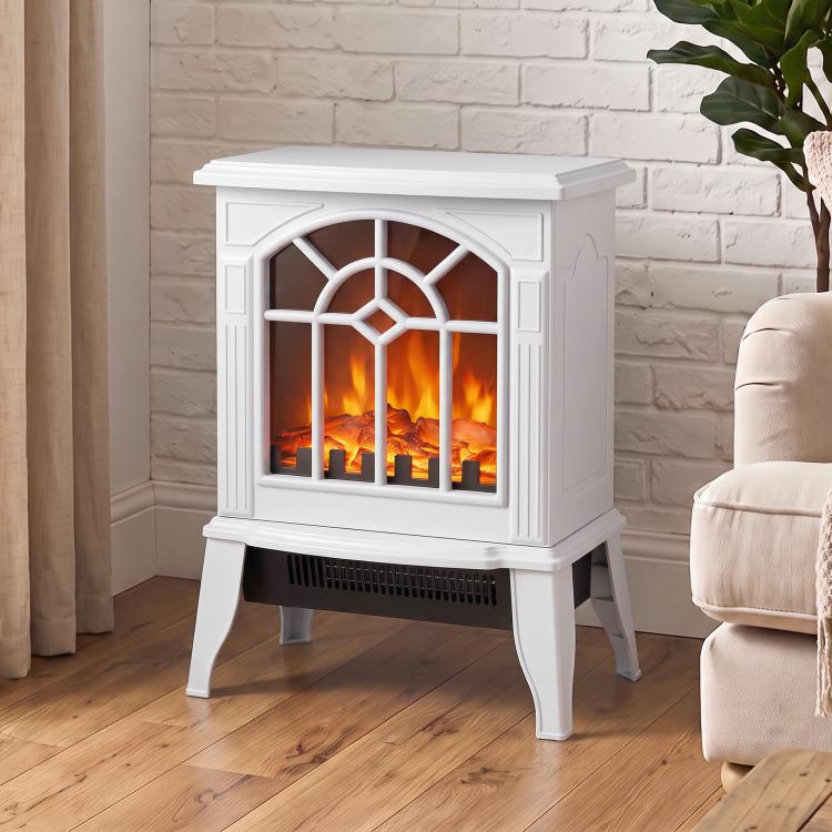 Freestanding Electric Fireplace, Electric Log Burner w/ LED Flame Effect, Overheating Safety System, 1000W/2000W, White