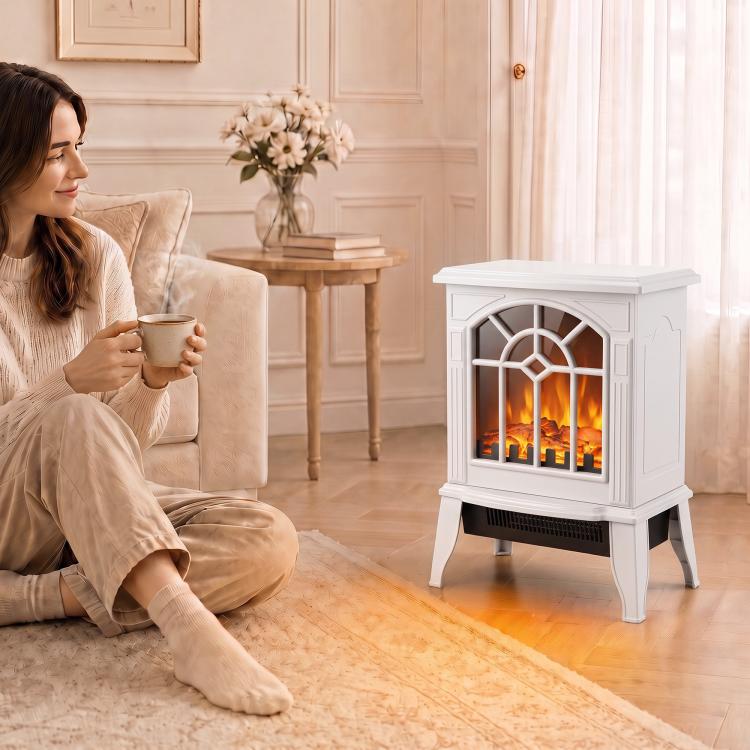 Freestanding Electric Fireplace, Electric Log Burner w/ LED Flame Effect, Overheating Safety System, 1000W/2000W, White