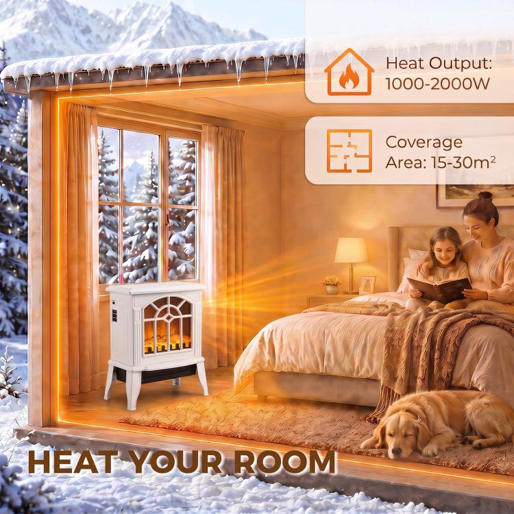 Freestanding Electric Fireplace, Electric Log Burner w/ LED Flame Effect, Overheating Safety System, 1000W/2000W, White