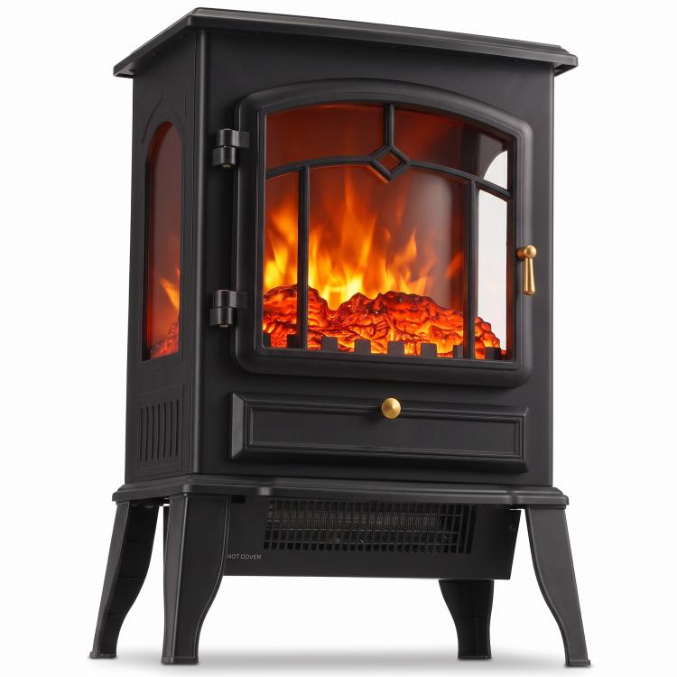 Electric Fireplace Stove, 1000/2000W 3-Sided Freestanding Fireplace Heater with 3D Flame Log, Thermostat, Black