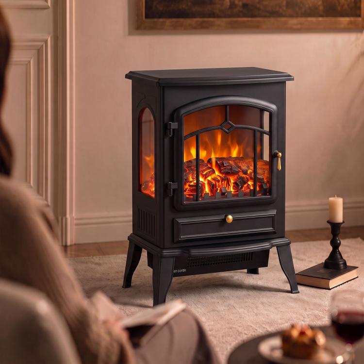 Electric Fireplace Stove, 1000/2000W 3-Sided Freestanding Fireplace Heater with 3D Flame Log, Thermostat, Black