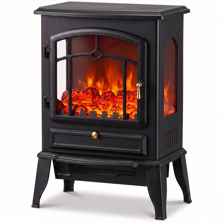 Electric Fireplace Stove, 1000/2000W 3-Sided Freestanding Fireplace Heater with 3D Flame Log, Thermostat, Black