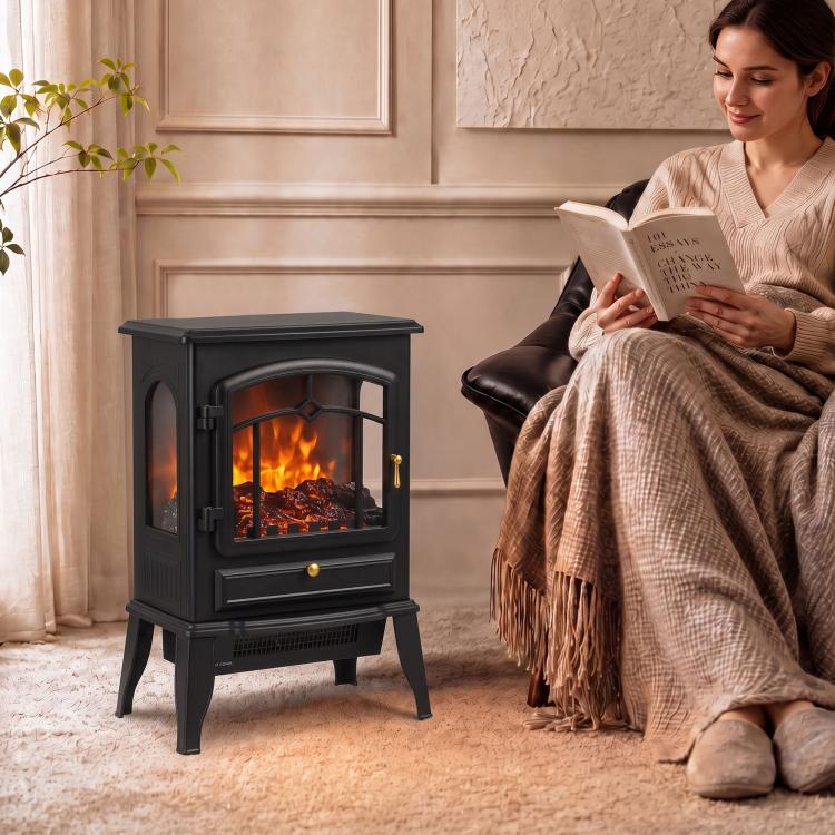 Electric Fireplace Stove, 1000/2000W 3-Sided Freestanding Fireplace Heater with 3D Flame Log, Thermostat, Black