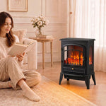 Electric Fireplace Stove, 1000/2000W 3-Sided Freestanding Fireplace Heater with 3D Flame Log, Thermostat, Black