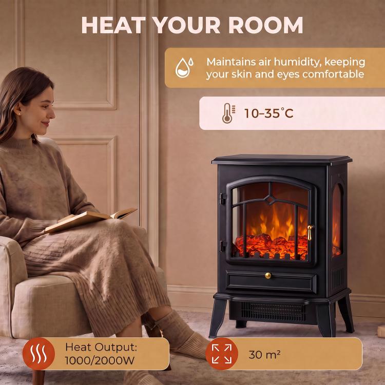 Electric Fireplace Stove, 1000/2000W 3-Sided Freestanding Fireplace Heater with 3D Flame Log, Thermostat, Black