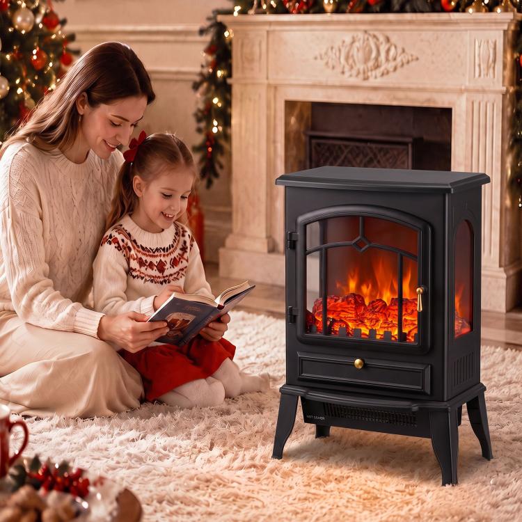 Electric Fireplace Stove, 1000/2000W 3-Sided Freestanding Fireplace Heater with 3D Flame Log, Thermostat, Black