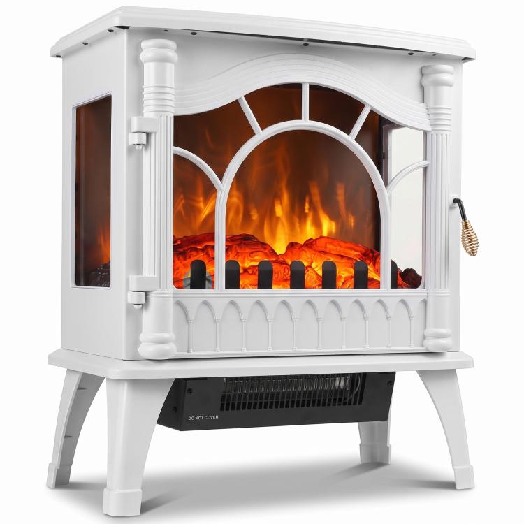 3-Sided Glass Electric Fire Fan Heater, Electric Fireplace Stove Freestanding Log Burner with Flame Effect, White