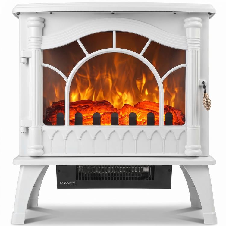 3-Sided Glass Electric Fire Fan Heater, Electric Fireplace Stove Freestanding Log Burner with Flame Effect, White