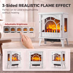 3-Sided Glass Electric Fire Fan Heater, Electric Fireplace Stove Freestanding Log Burner with Flame Effect, White