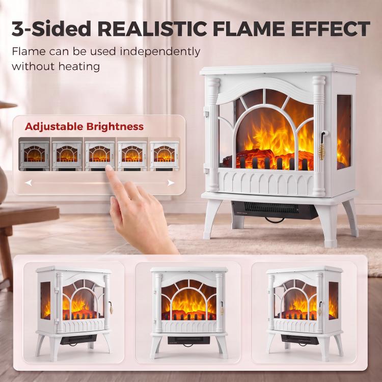 3-Sided Glass Electric Fire Fan Heater, Electric Fireplace Stove Freestanding Log Burner with Flame Effect, White