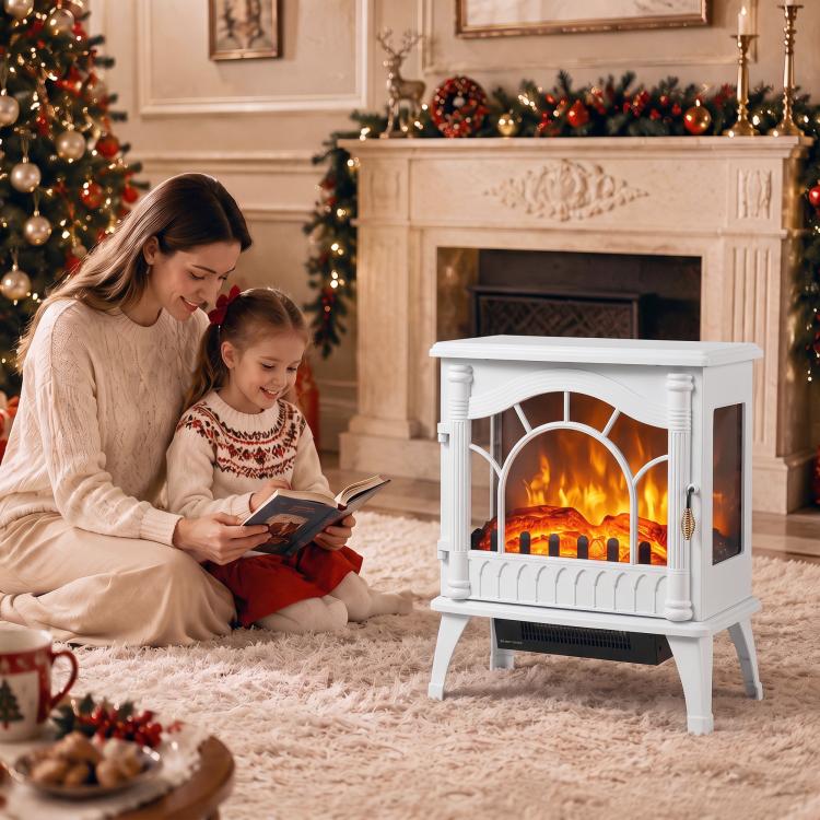 3-Sided Glass Electric Fire Fan Heater, Electric Fireplace Stove Freestanding Log Burner with Flame Effect, White