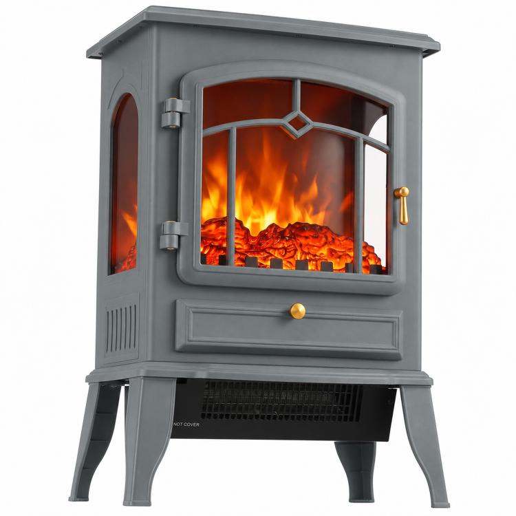 Electric Fireplace Stove, 1000/2000W 3-Sided Freestanding Fireplace Heater with 3D Flame Log, Thermostat, Grey