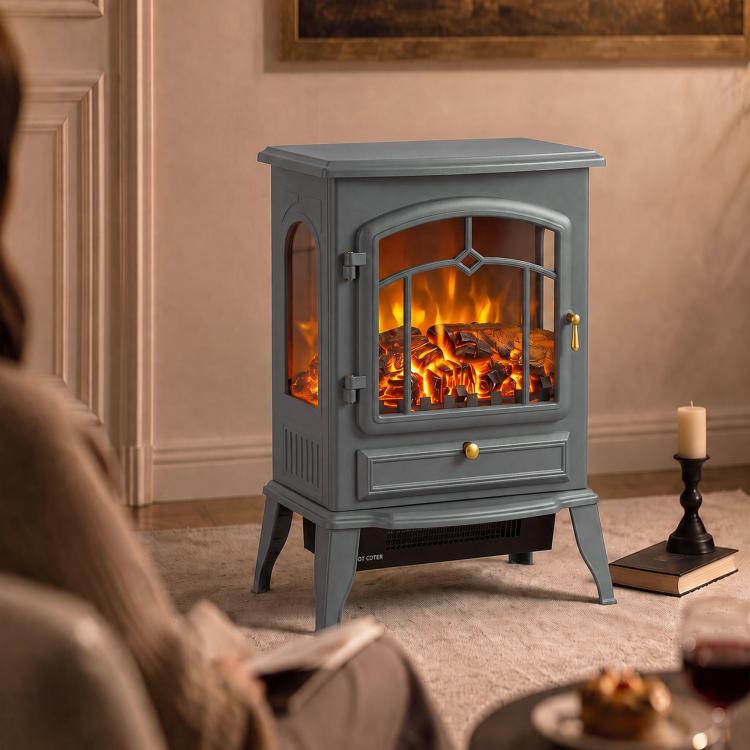 Electric Fireplace Stove, 1000/2000W 3-Sided Freestanding Fireplace Heater with 3D Flame Log, Thermostat, Grey