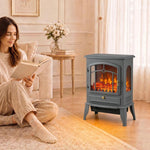 Electric Fireplace Stove, 1000/2000W 3-Sided Freestanding Fireplace Heater with 3D Flame Log, Thermostat, Grey