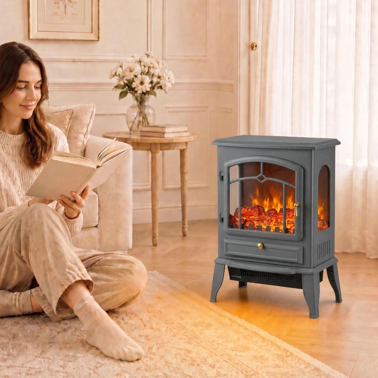 Electric Fireplace Stove, 1000/2000W 3-Sided Freestanding Fireplace Heater with 3D Flame Log, Thermostat, Grey