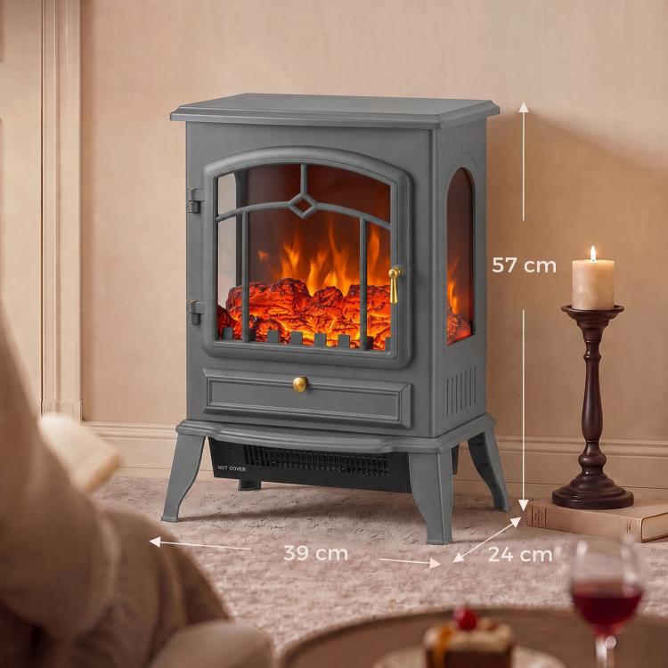 Electric Fireplace Stove, 1000/2000W 3-Sided Freestanding Fireplace Heater with 3D Flame Log, Thermostat, Grey