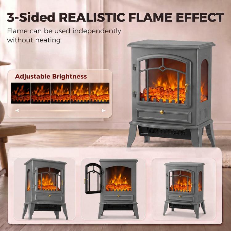 Electric Fireplace Stove, 1000/2000W 3-Sided Freestanding Fireplace Heater with 3D Flame Log, Thermostat, Grey