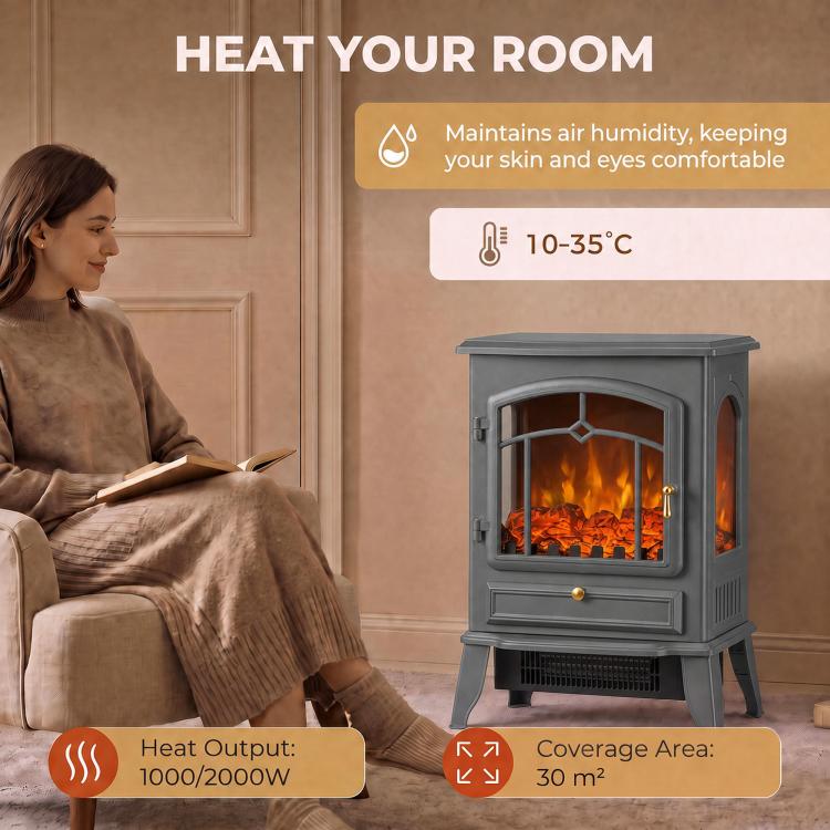 Electric Fireplace Stove, 1000/2000W 3-Sided Freestanding Fireplace Heater with 3D Flame Log, Thermostat, Grey