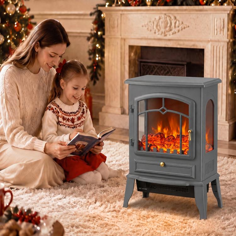 Electric Fireplace Stove, 1000/2000W 3-Sided Freestanding Fireplace Heater with 3D Flame Log, Thermostat, Grey