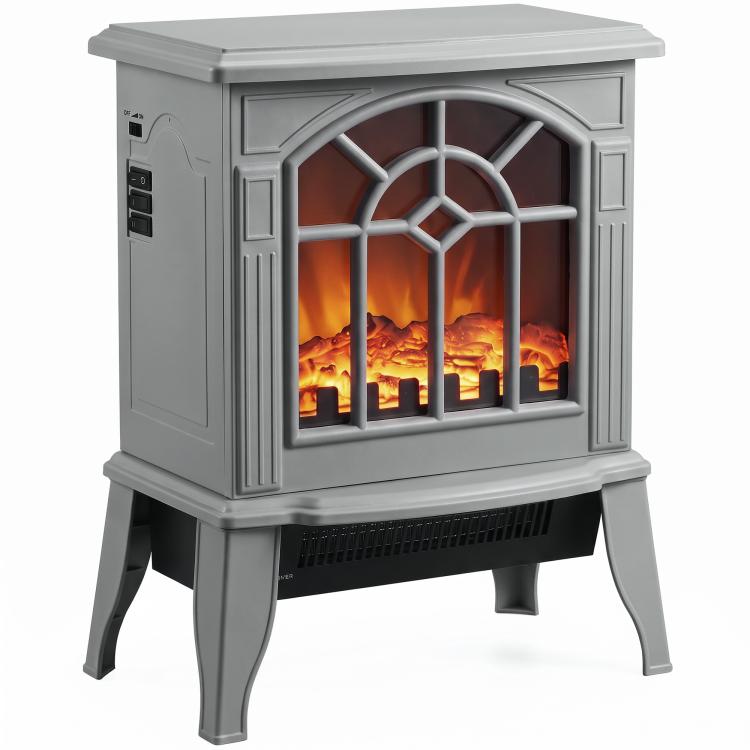Freestanding Electric Fireplace, Electric Log Burner w/ LED Flame Effect, Overheating Safety System, 1000W/2000W, Grey