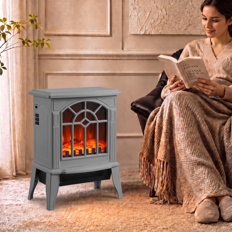 Freestanding Electric Fireplace, Electric Log Burner w/ LED Flame Effect, Overheating Safety System, 1000W/2000W, Grey