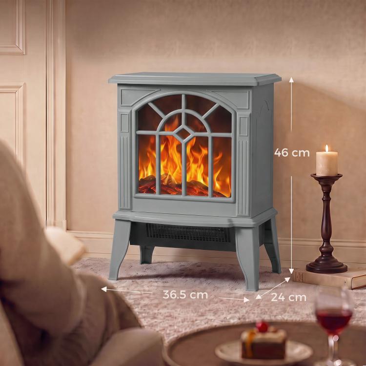 Freestanding Electric Fireplace, Electric Log Burner w/ LED Flame Effect, Overheating Safety System, 1000W/2000W, Grey