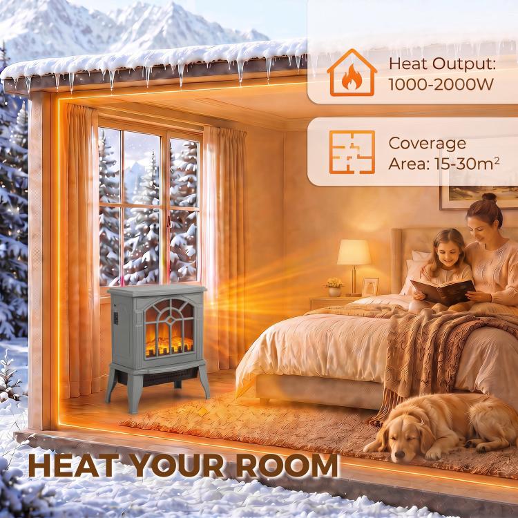 Freestanding Electric Fireplace, Electric Log Burner w/ LED Flame Effect, Overheating Safety System, 1000W/2000W, Grey