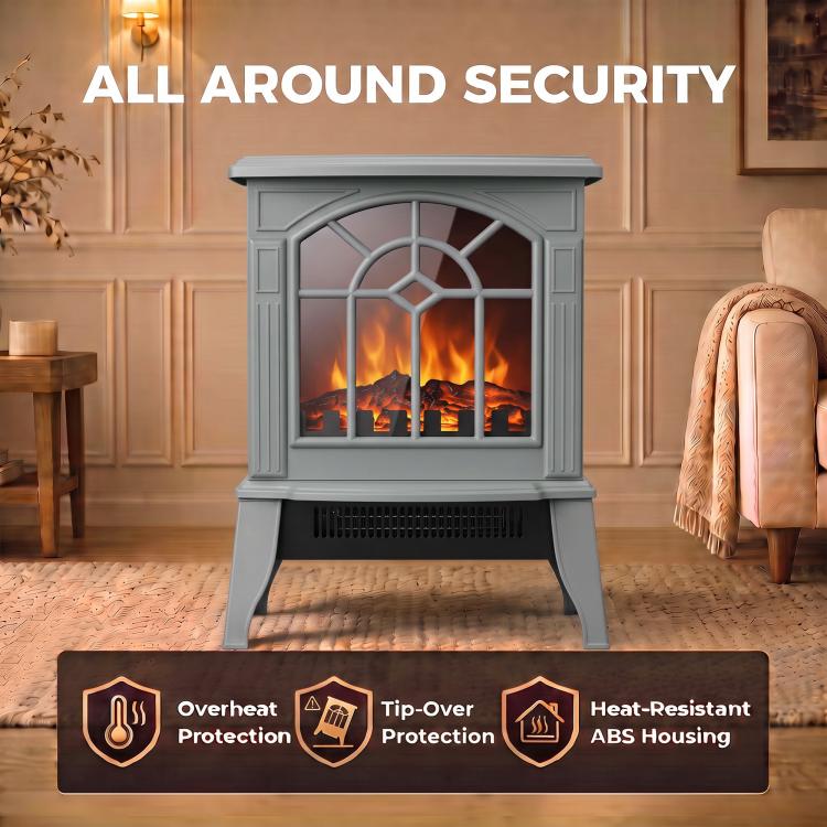 Freestanding Electric Fireplace, Electric Log Burner w/ LED Flame Effect, Overheating Safety System, 1000W/2000W, Grey