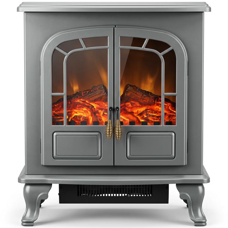 Freestanding Electric Fireplace Stove Heater with LED Fire Flame Effect Grey