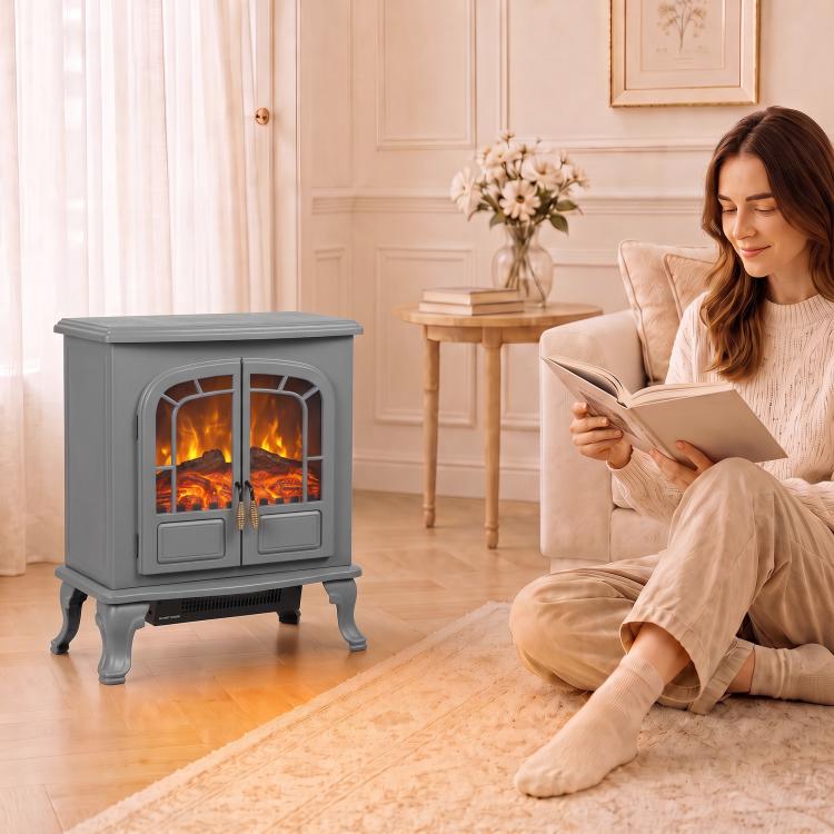 Freestanding Electric Fireplace Stove Heater with LED Fire Flame Effect Grey