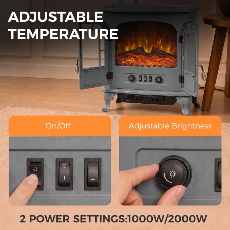 Freestanding Electric Fireplace Stove Heater with LED Fire Flame Effect Grey