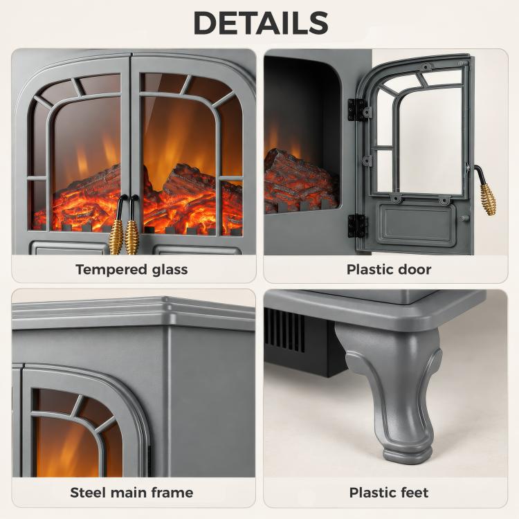 Freestanding Electric Fireplace Stove Heater with LED Fire Flame Effect Grey
