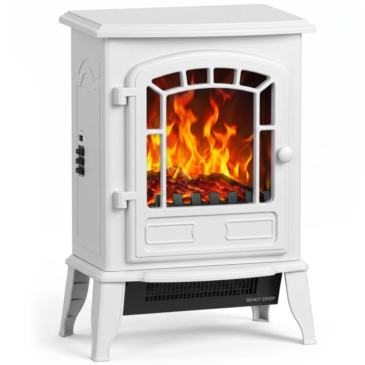 Electric Fireplace Stove, 1000W/2000W, Freestanding Electric Fire with LED Flame Effect, Adjustable Thermostat, White