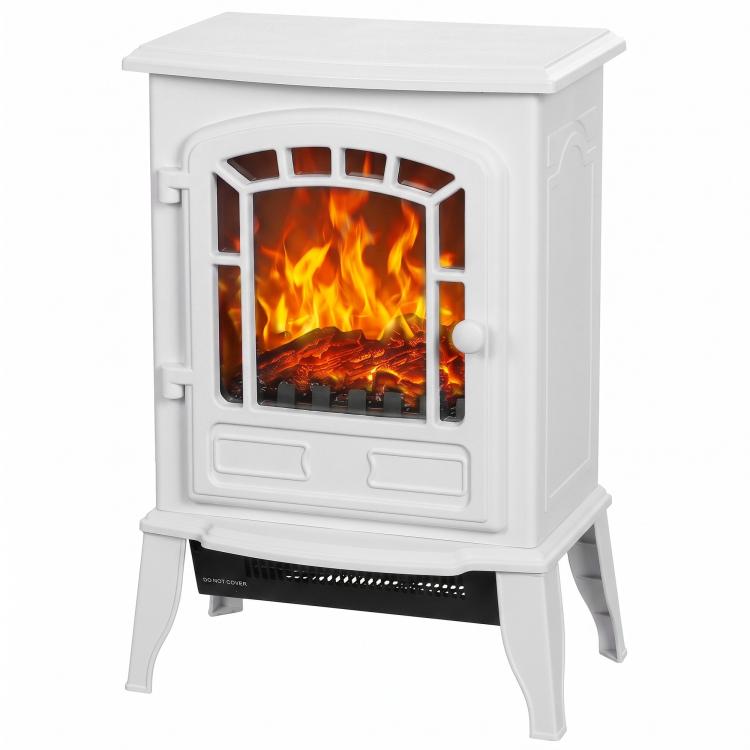 Electric Fireplace Stove, 1000W/2000W, Freestanding Electric Fire with LED Flame Effect, Adjustable Thermostat, White
