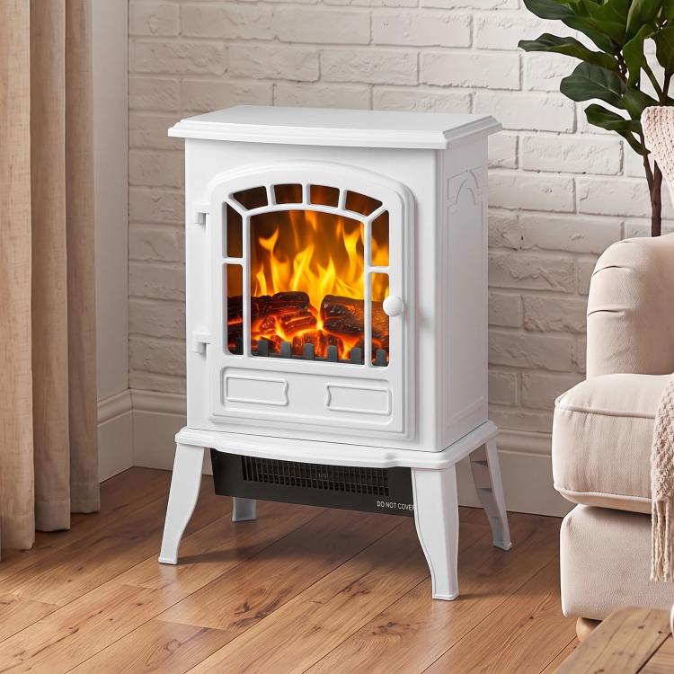 Electric Fireplace Stove, 1000W/2000W, Freestanding Electric Fire with LED Flame Effect, Adjustable Thermostat, White