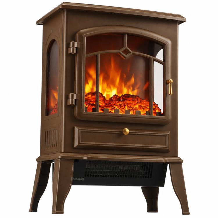 Electric Fireplace Stove, 1000/2000W 3-Sided Freestanding Fireplace Heater with 3D Flame Log, Thermostat, Brown