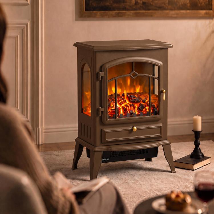 Electric Fireplace Stove, 1000/2000W 3-Sided Freestanding Fireplace Heater with 3D Flame Log, Thermostat, Brown