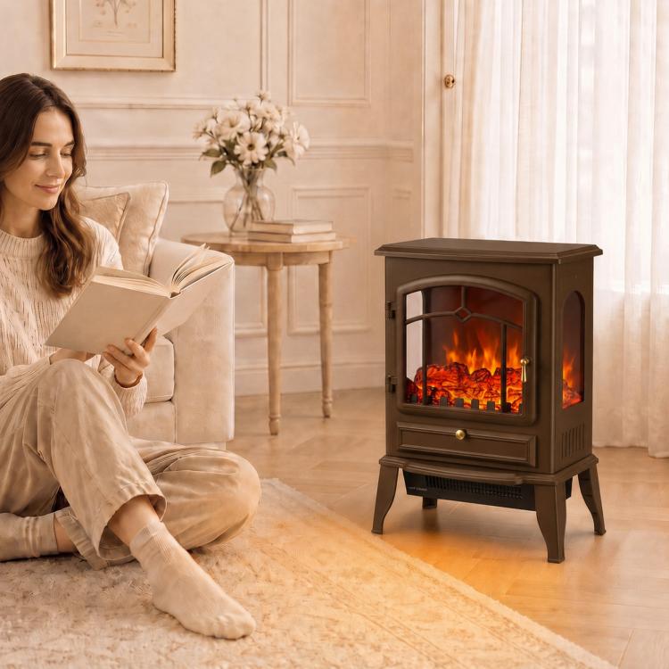 Electric Fireplace Stove, 1000/2000W 3-Sided Freestanding Fireplace Heater with 3D Flame Log, Thermostat, Brown