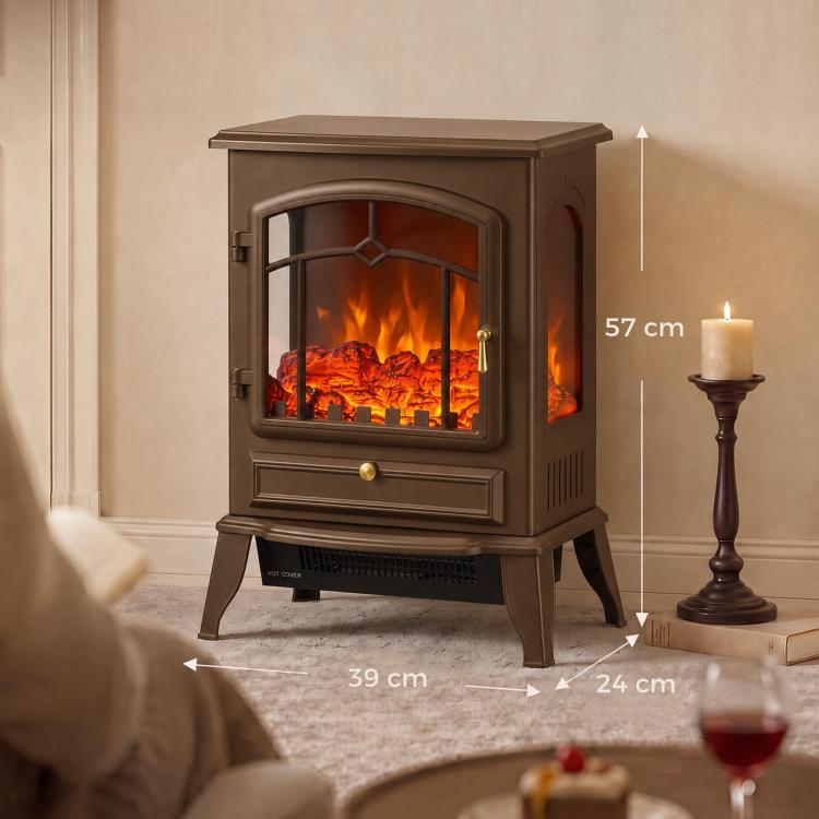 Electric Fireplace Stove, 1000/2000W 3-Sided Freestanding Fireplace Heater with 3D Flame Log, Thermostat, Brown