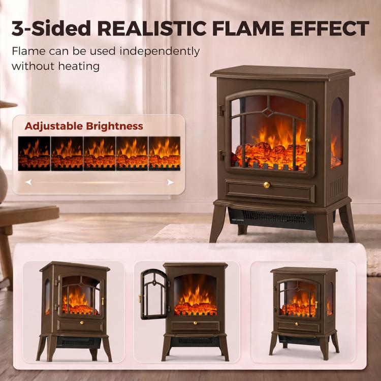 Electric Fireplace Stove, 1000/2000W 3-Sided Freestanding Fireplace Heater with 3D Flame Log, Thermostat, Brown