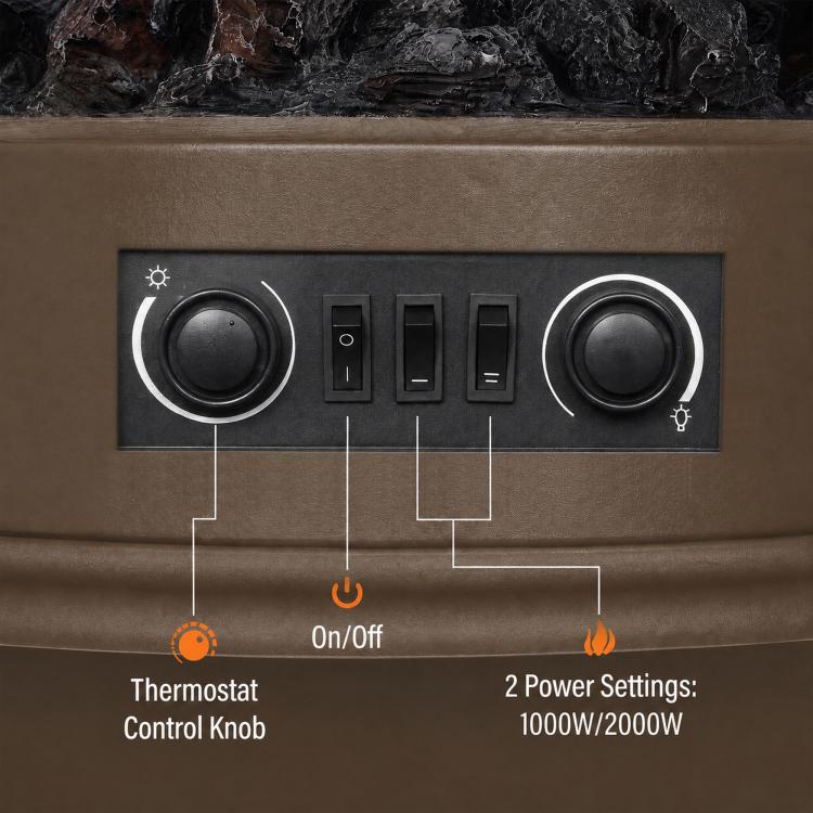 Electric Fireplace Stove, 1000/2000W 3-Sided Freestanding Fireplace Heater with 3D Flame Log, Thermostat, Brown